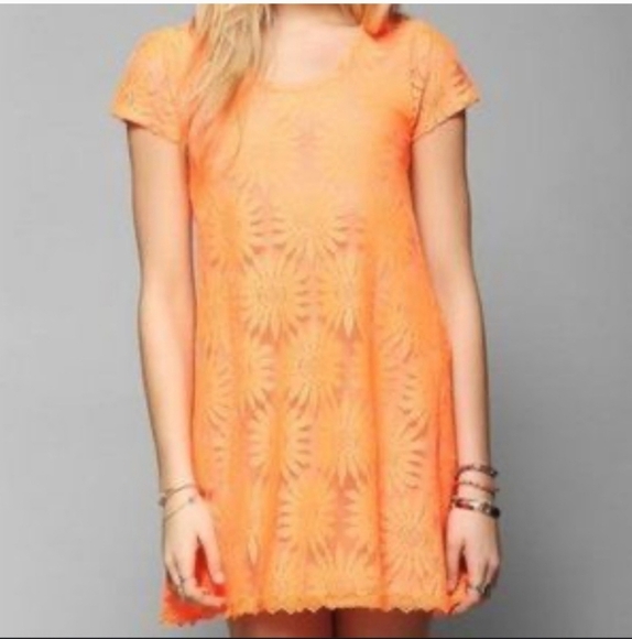 Kimchi Blue Anthro Neon Orange Daisy Lace Trapeze Mini Dress Sz XS MSRP $69 NWT - Picture 3 of 13